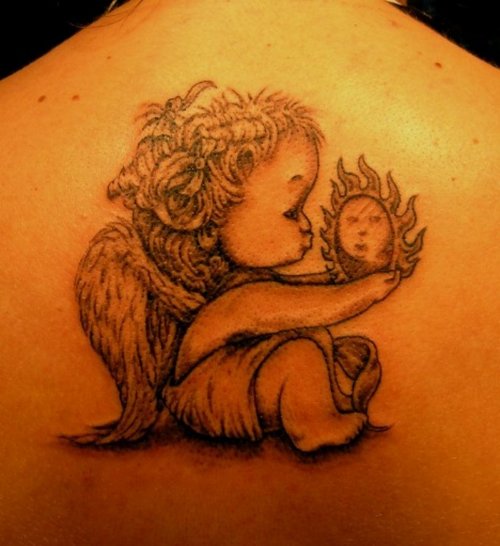 Grey Ink Baby Baby Angel Tattoo On Back Body